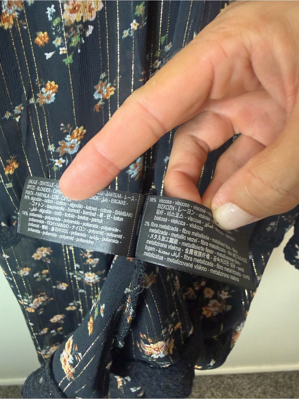 ZARA Tiered Chiffon Embroidered Floral Lace Metallic Stripe Black Dress Small - Picture 6 of 7